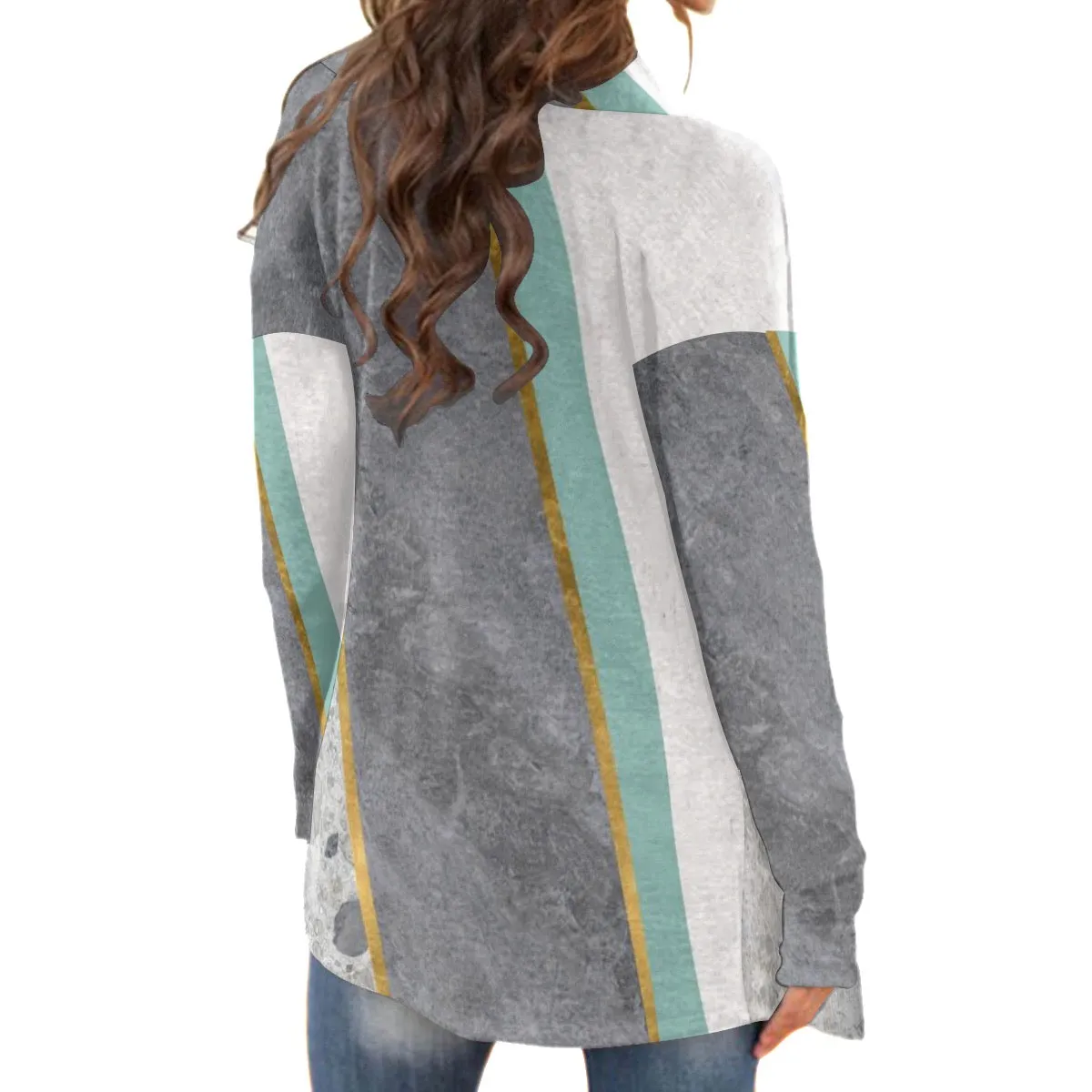 19All-Over Print Women's Cardigan With Long Sleeve gray, white and teal print