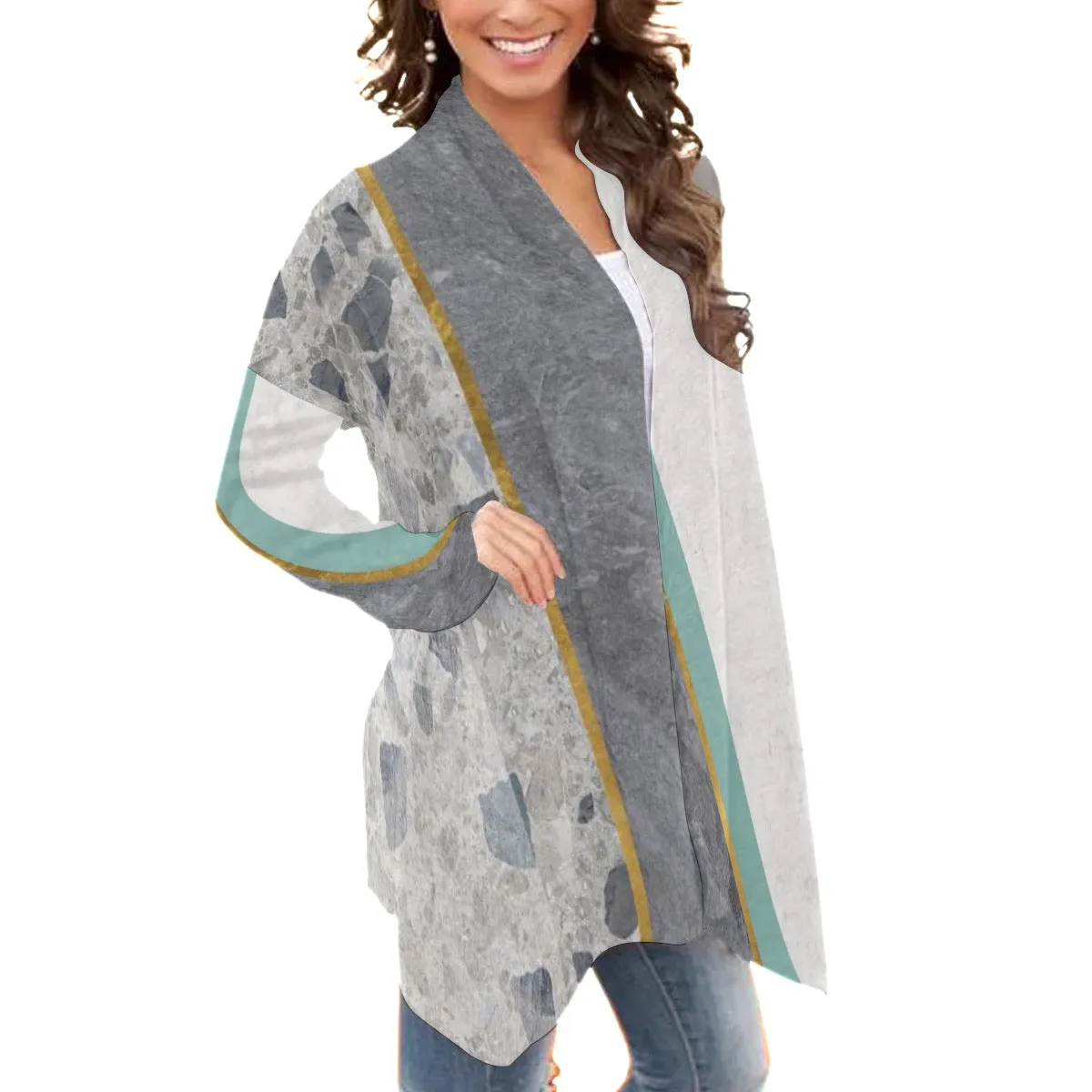 19All-Over Print Women's Cardigan With Long Sleeve gray, white and teal print