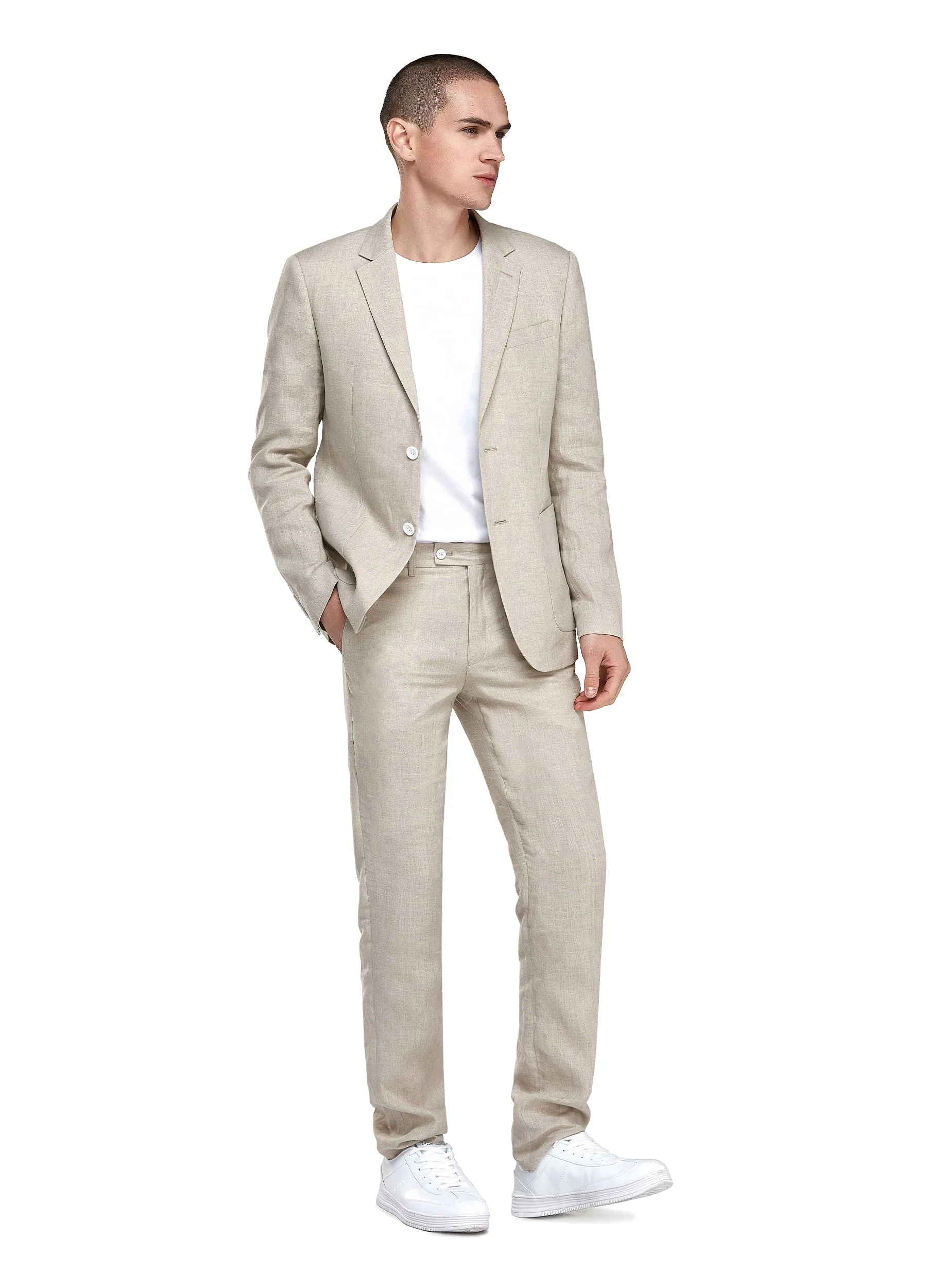 1PA1 Men's 100% Linen Khaki Jacket Trousers 2-Pieces Suit Set