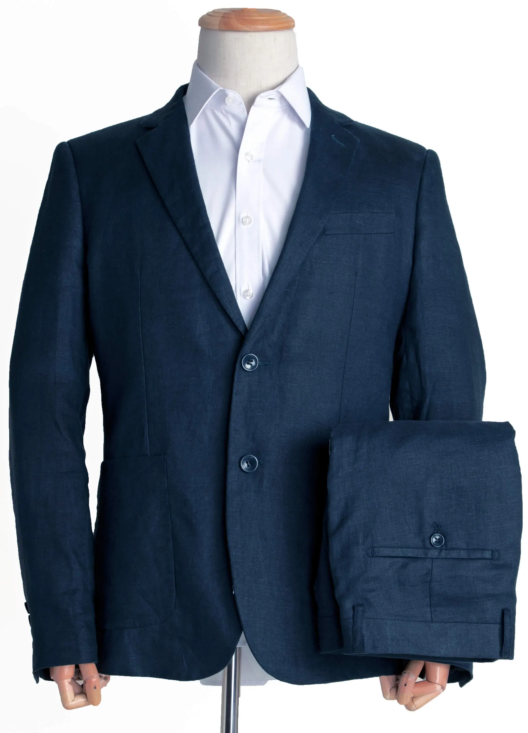 1PA1 Men's 100% Linen Navy Blue Jacket Trousers 2-Pieces Suit Set