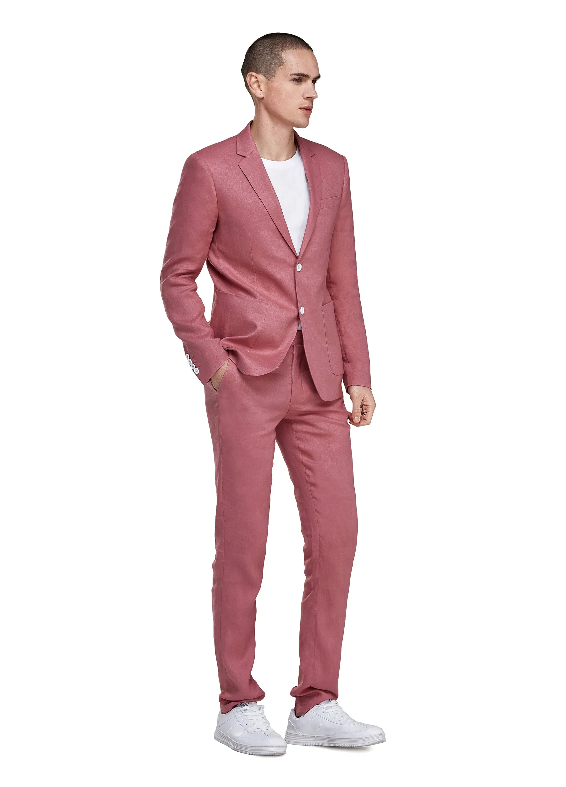 1PA1 Men's 100% Linen Red Jacket Trousers 2-Pieces Suit Set