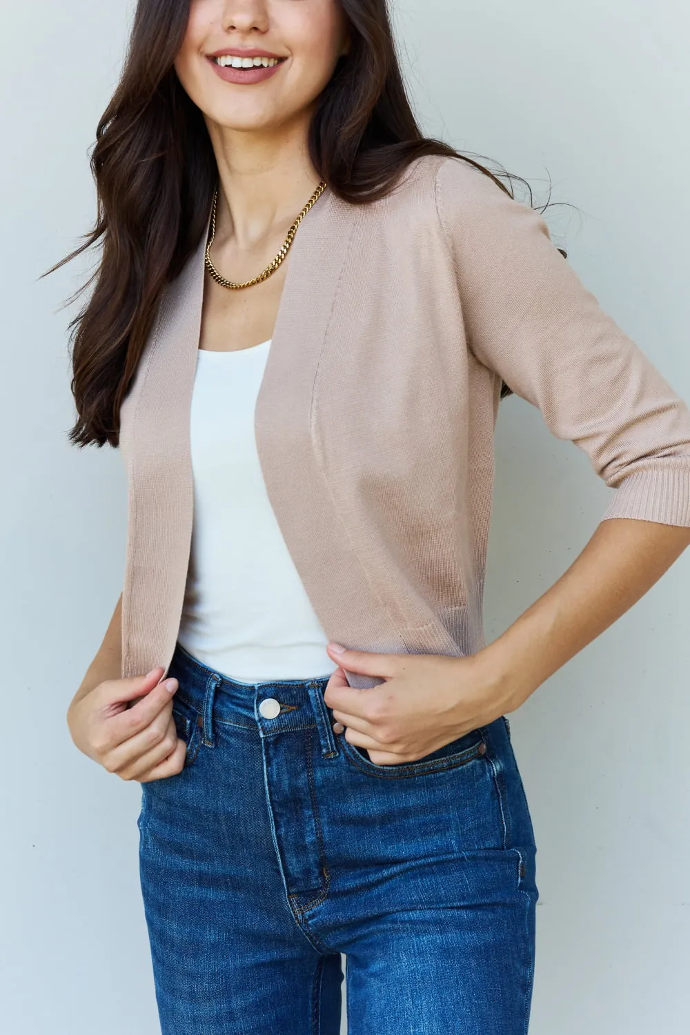 3/4 Sleeve Ribbed Cropped Cardigan