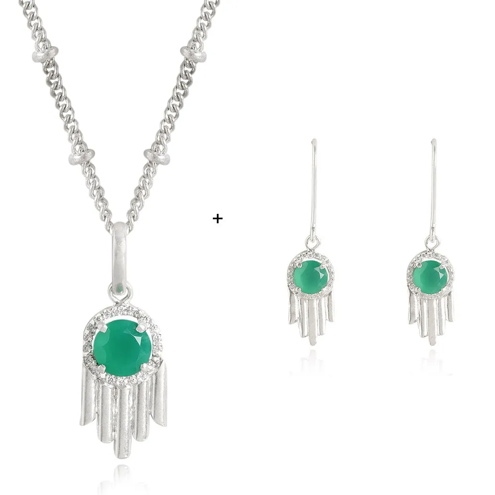 92.5 Silver Green Hamsa Necklace