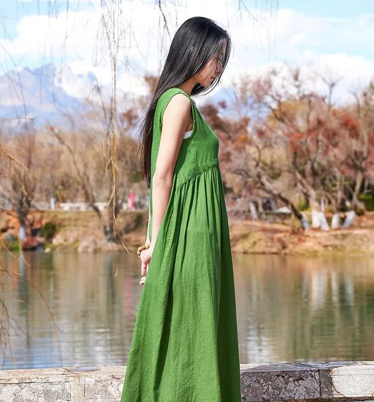 A Line Casual Green Linen Dress  | Zen