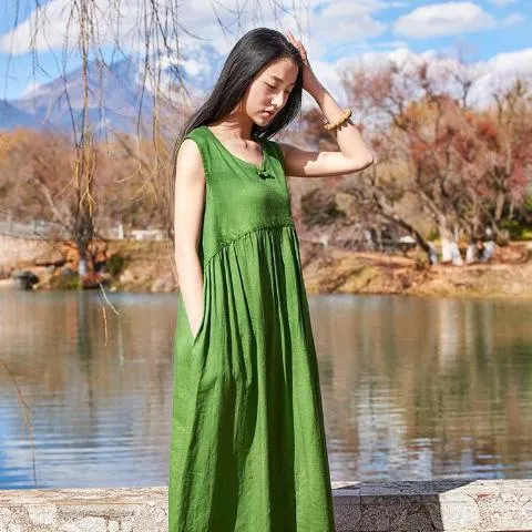 A Line Casual Green Linen Dress  | Zen