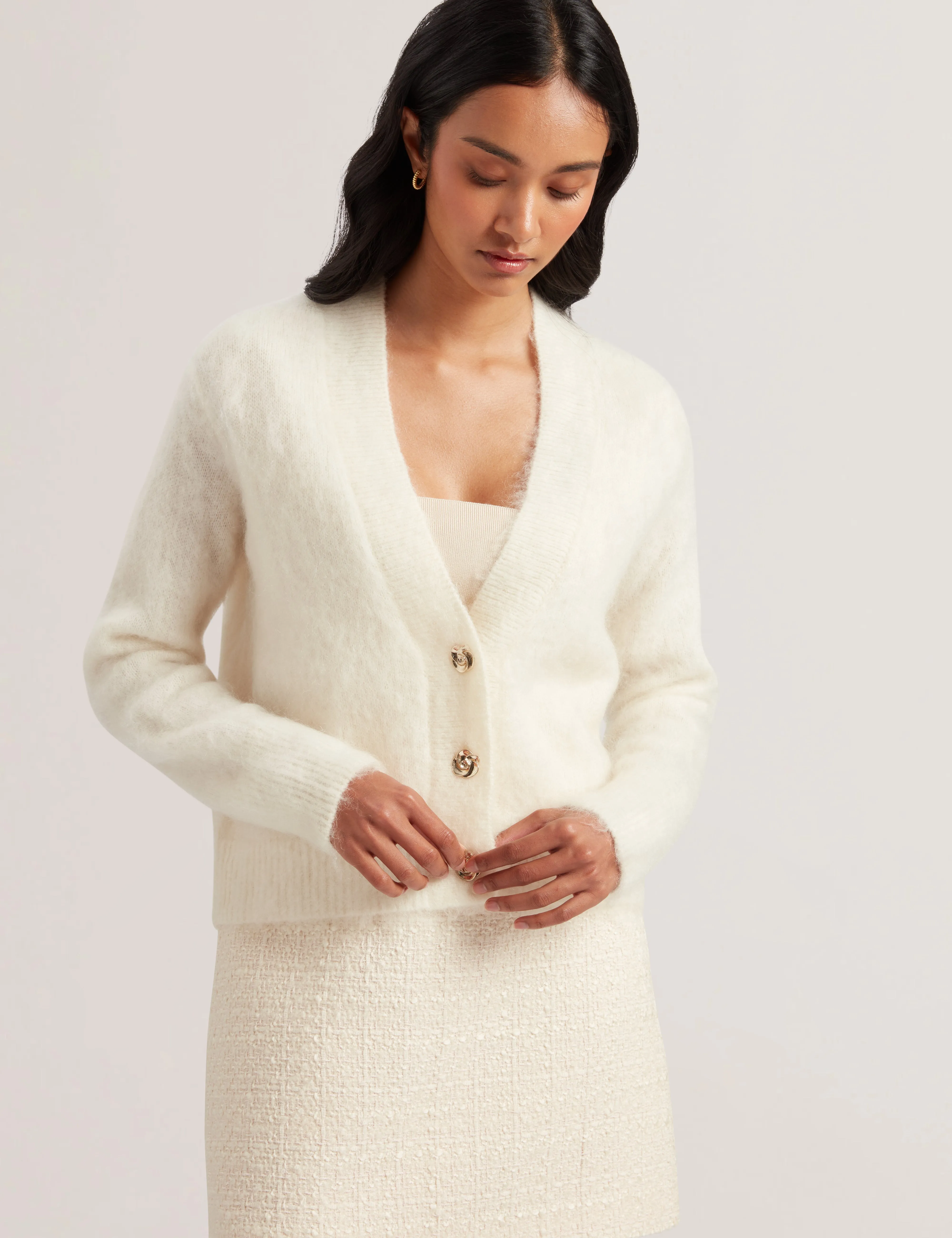 Abeyyy Rose Button V Neck Cardigan Ivory