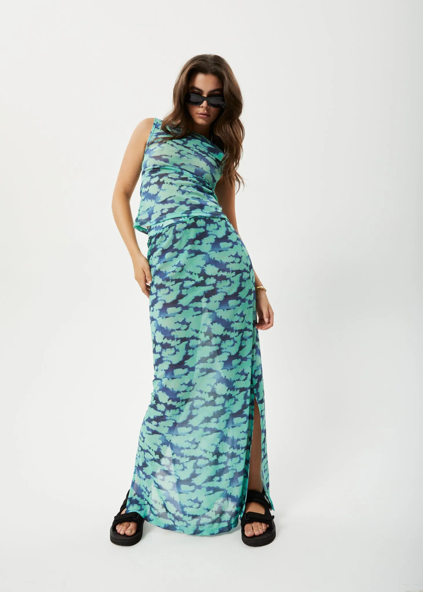 AFENDS Womens Liquid - Sheer Maxi Skirt - Jade Floral