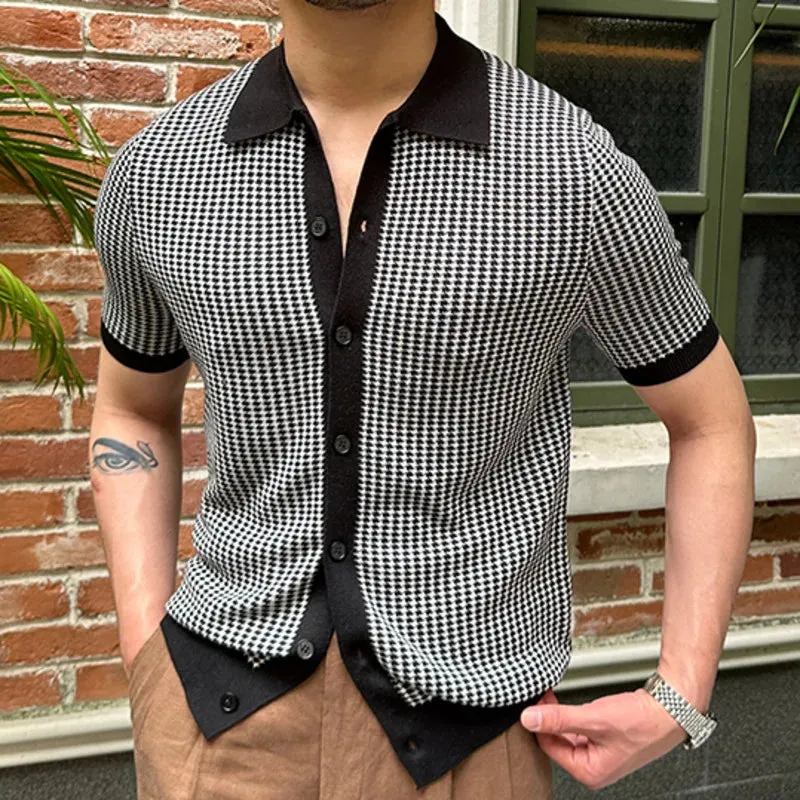 Aidase Houndstooth Contrast Color Knitted Cardigan Men Coat Casual Short Sleeved Lapel Cardigan Knitted Breathable Vetement Homme