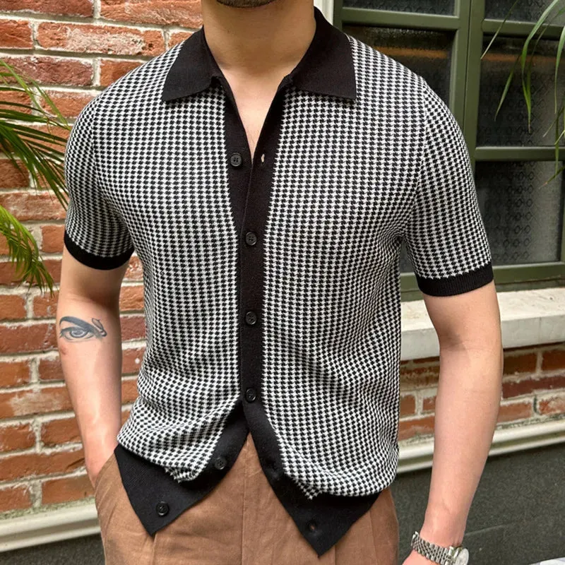 Aidase Houndstooth Contrast Color Knitted Cardigan Men Coat Casual Short Sleeved Lapel Cardigan Knitted Breathable Vetement Homme