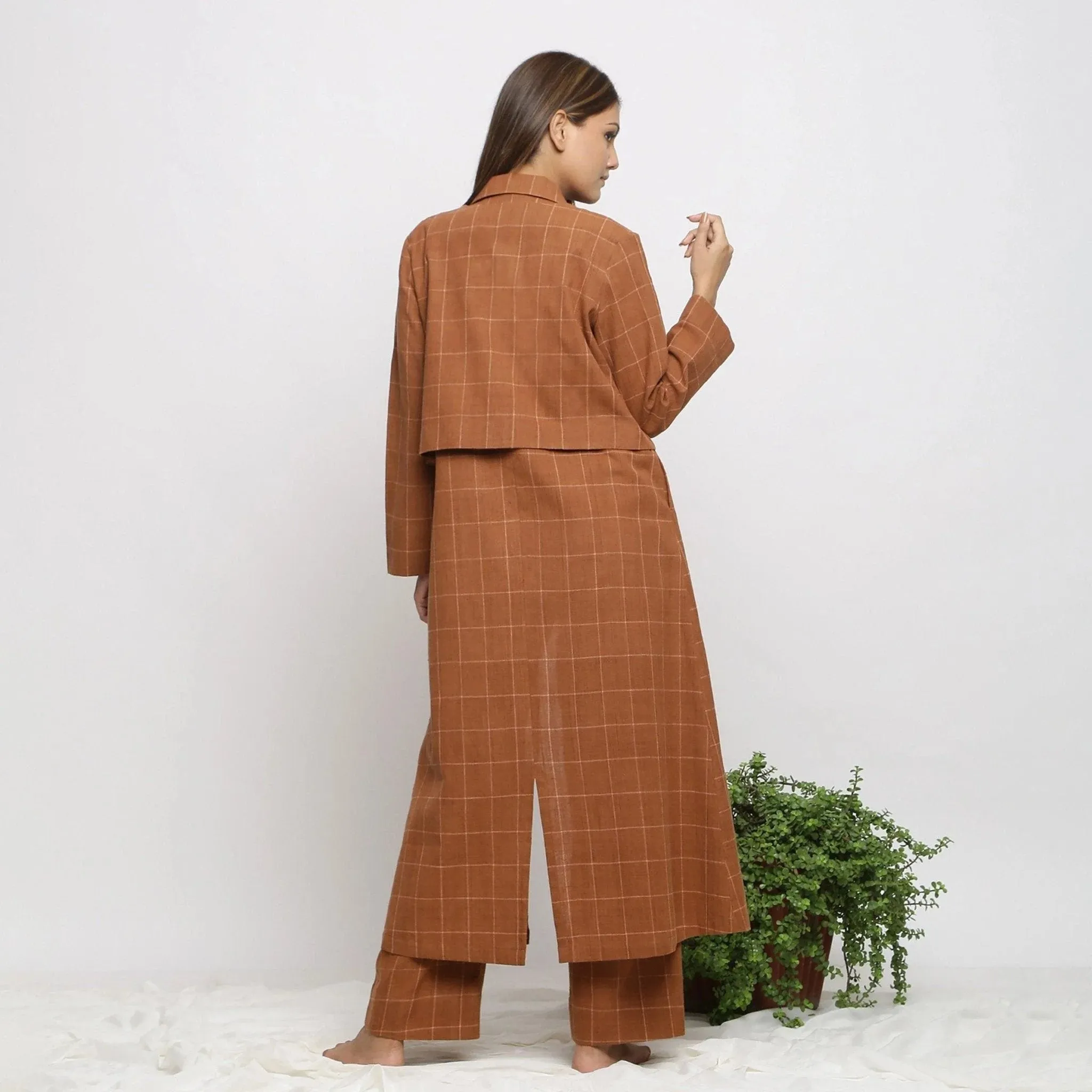 Almond Brown Checks Loose Fit Cotton Overlay