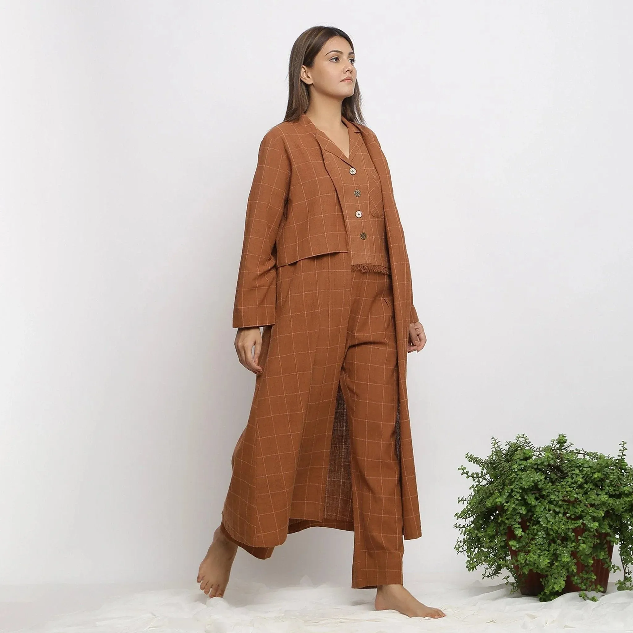 Almond Brown Checks Loose Fit Cotton Overlay