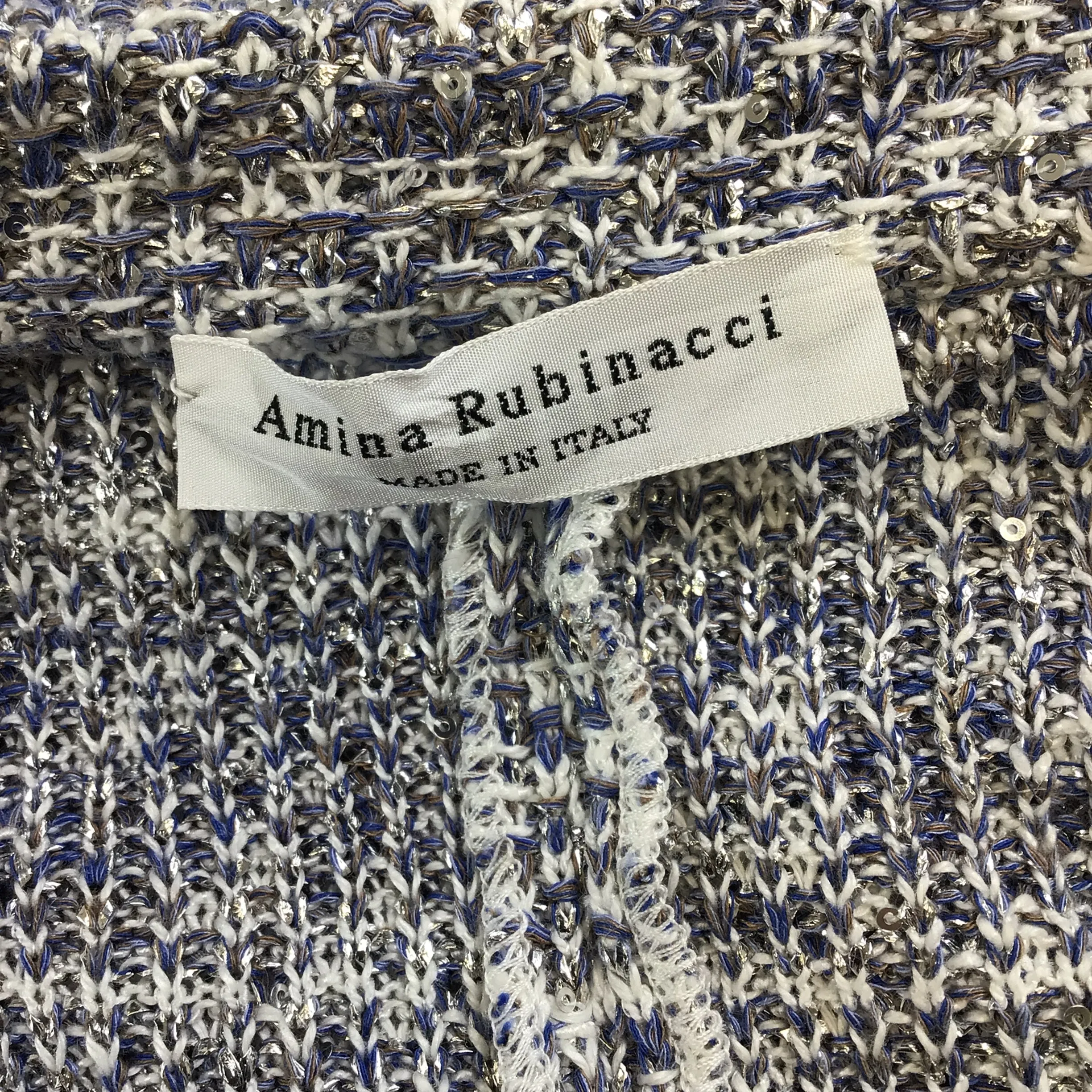 Amina Rubinacci Blue / White / Silver Metallic Knit Long Cardigan Sweater