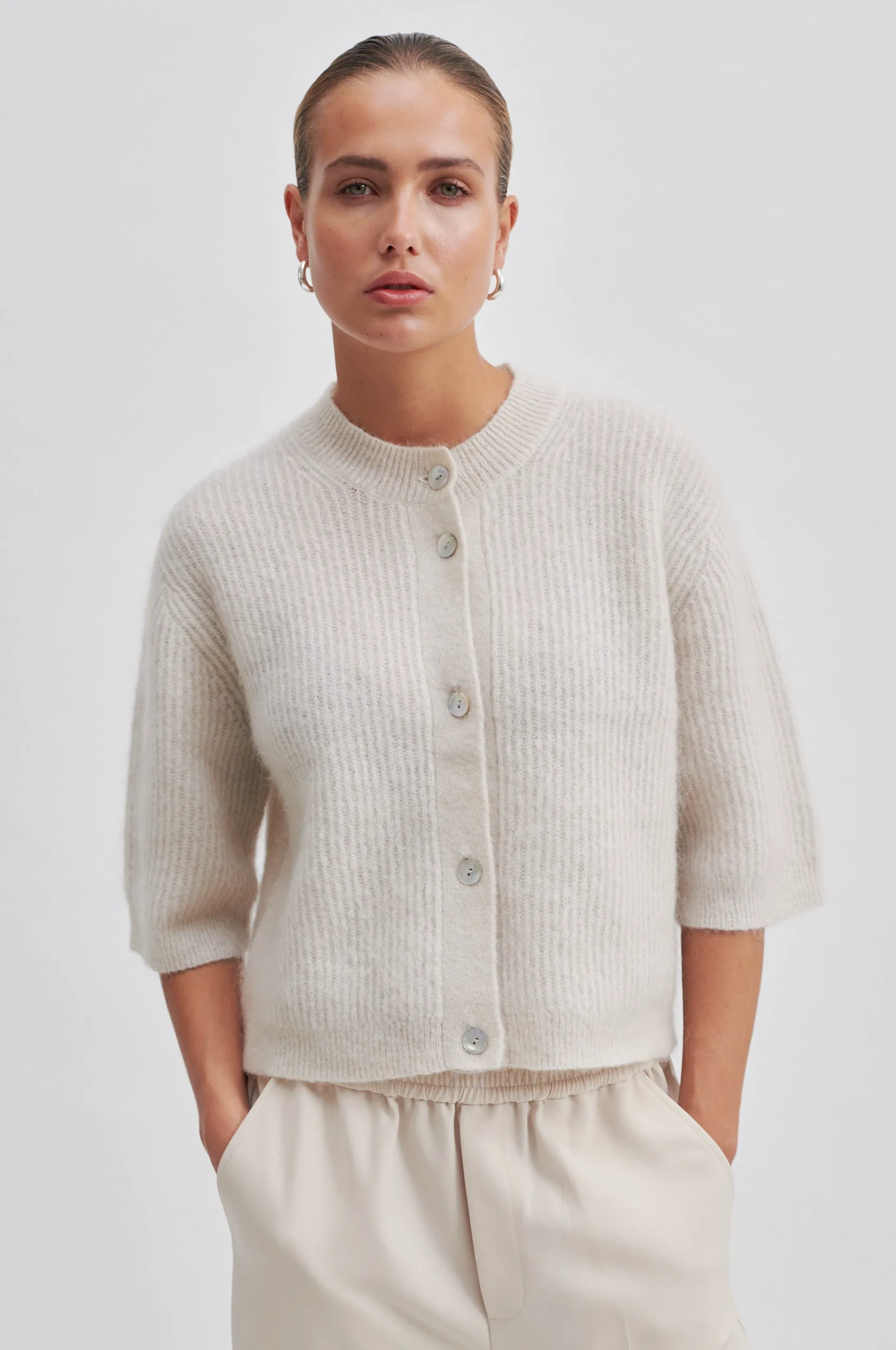 Andrea Knit Rib Cardigan - Pumice Stone