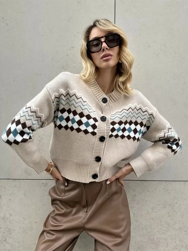 Argyle Check Knit Cropped Cardigan