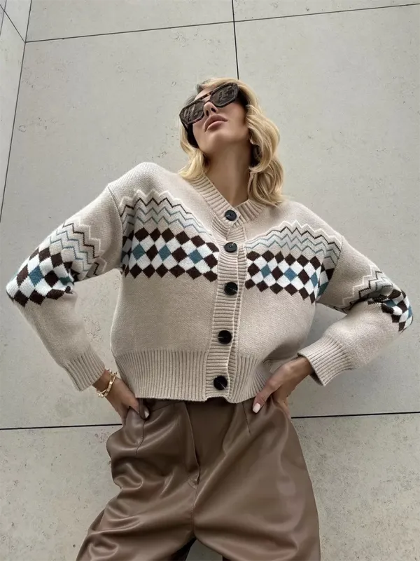 Argyle Check Knit Cropped Cardigan