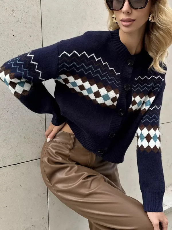 Argyle Check Knit Cropped Cardigan