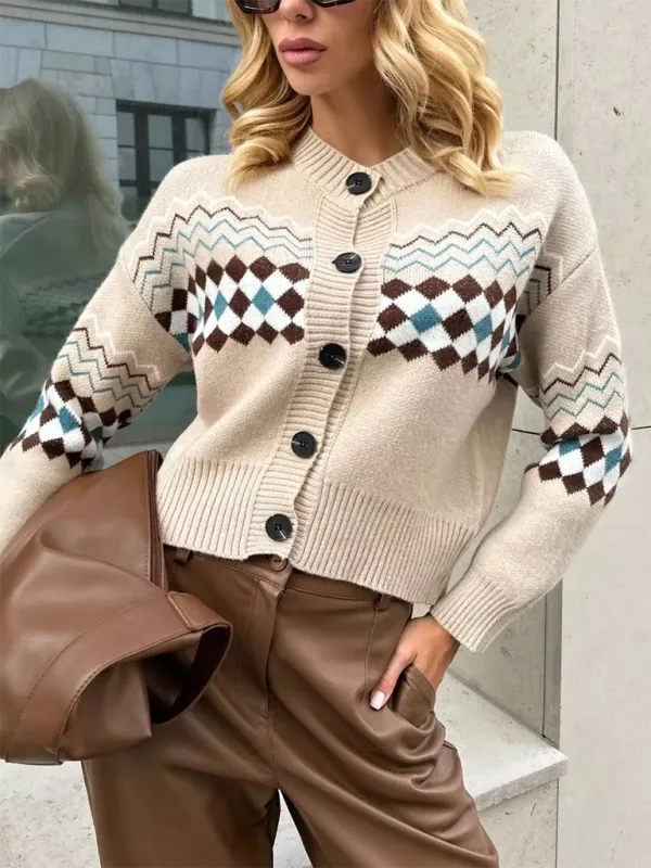 Argyle Check Knit Cropped Cardigan