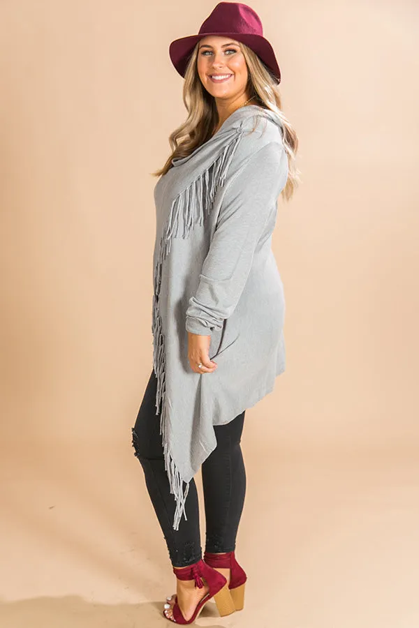 Aspen Arrival Fringe Cardigan In Grey Curves