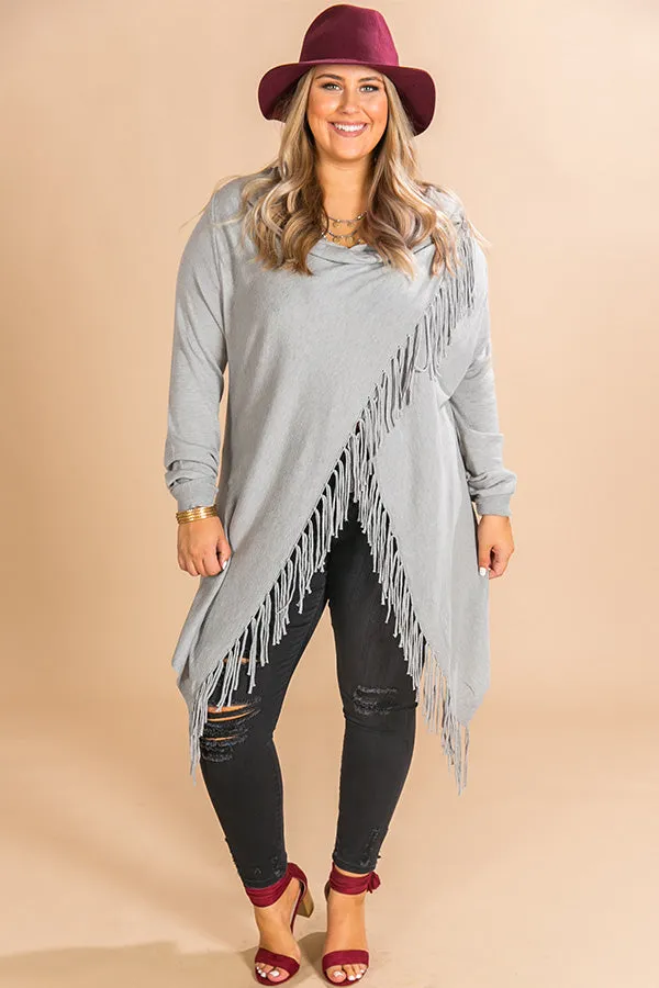 Aspen Arrival Fringe Cardigan In Grey Curves