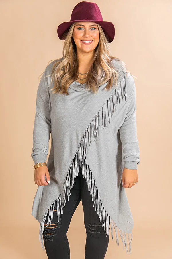 Aspen Arrival Fringe Cardigan In Grey Curves