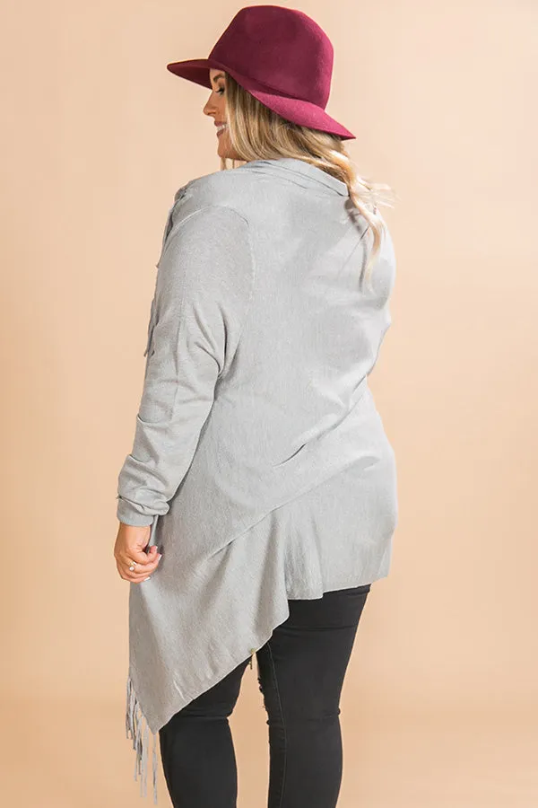 Aspen Arrival Fringe Cardigan In Grey Curves