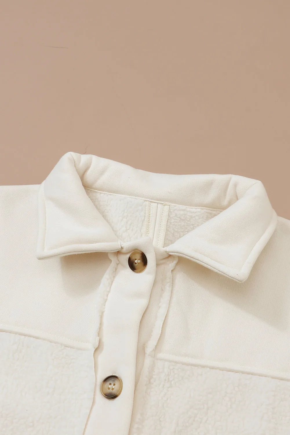 Beige Button-Up Stitching Pocket Raw Hem Shacket