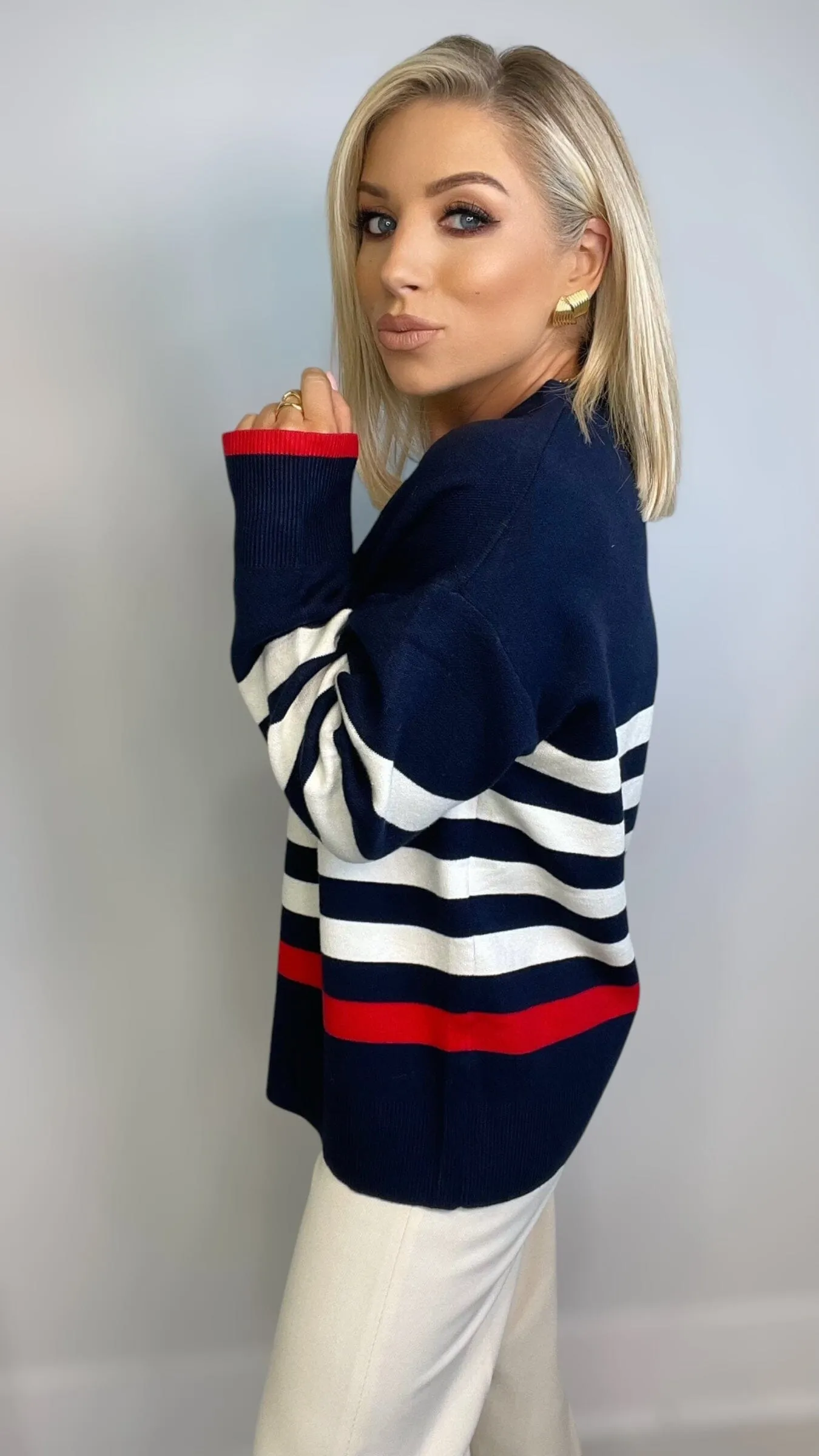 BELLA STRIPE CARDIGAN - NAVY