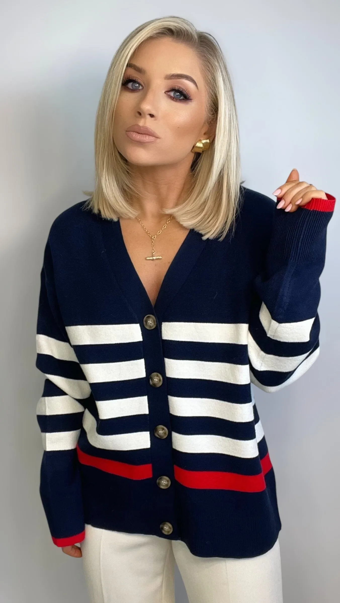 BELLA STRIPE CARDIGAN - NAVY