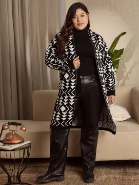 Berrylush Curve Women Black & White Geometric Printed Hood Neck Drop-Shoulder Sleeves Open-Front Ribbed Hem Longline Cardigan