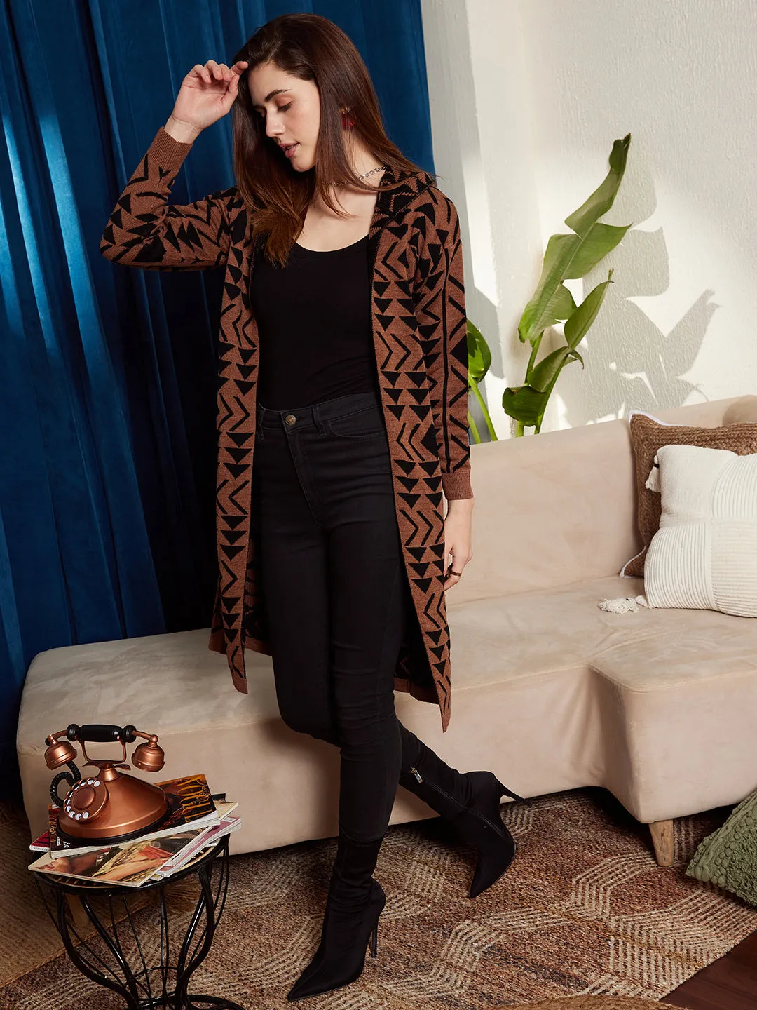 Berrylush Women Brown & Black Geometric Printed Hood Neck Drop-Shoulder Sleeves Open-Front Ribbed Hem Longline Cardigan