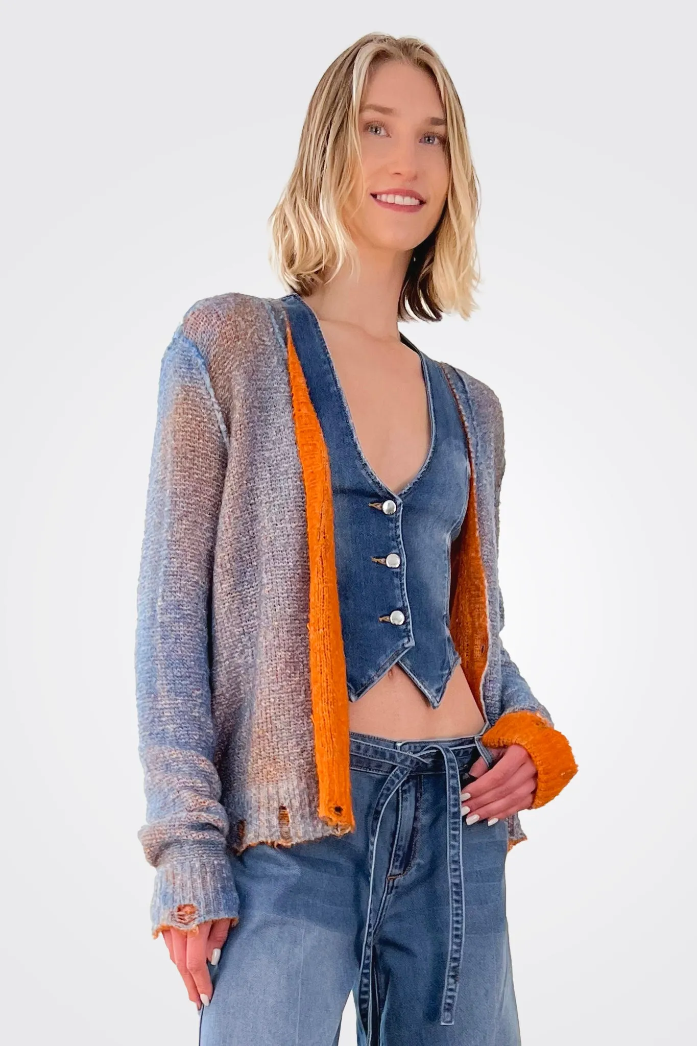 Bi Color Cardigan - Orange / Blue