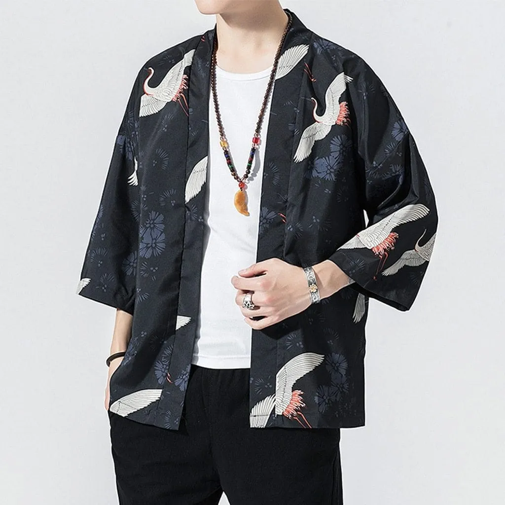 Bird Print Open-Front Kimono