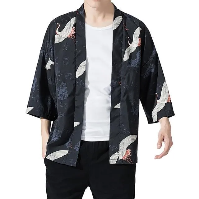 Bird Print Open-Front Kimono