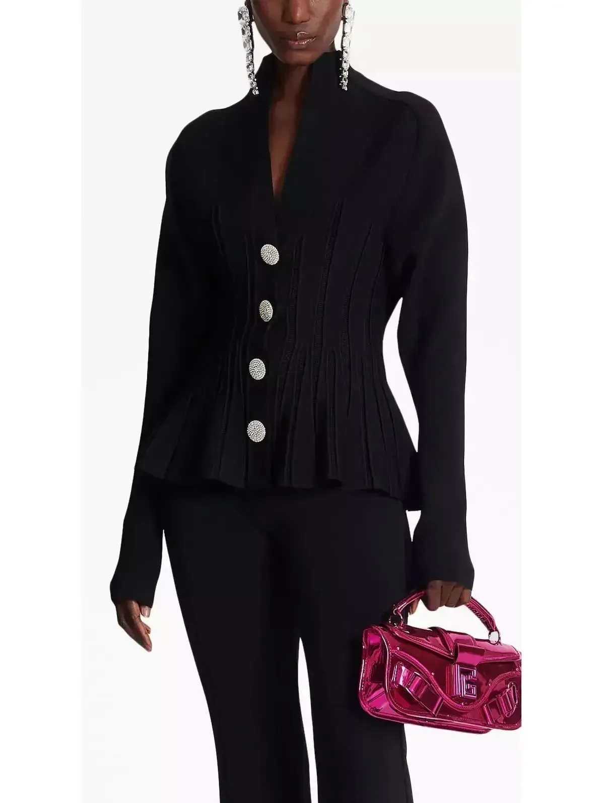 Black Ribbed Knit Peplum Cardigan