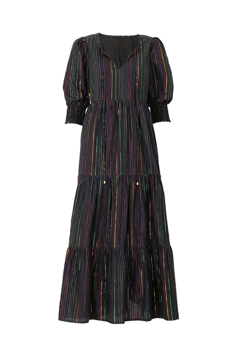 Black with Rainbow Lurex Tie Front Maxi Dress