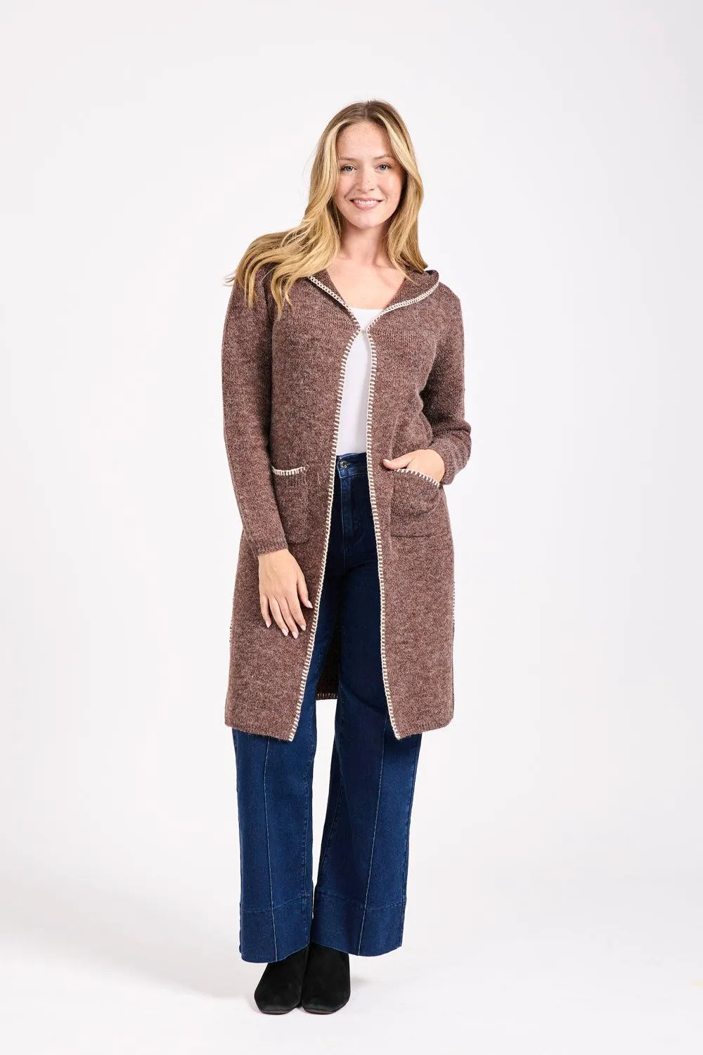 Blanket Stitch Cardigan with Hood- Brown