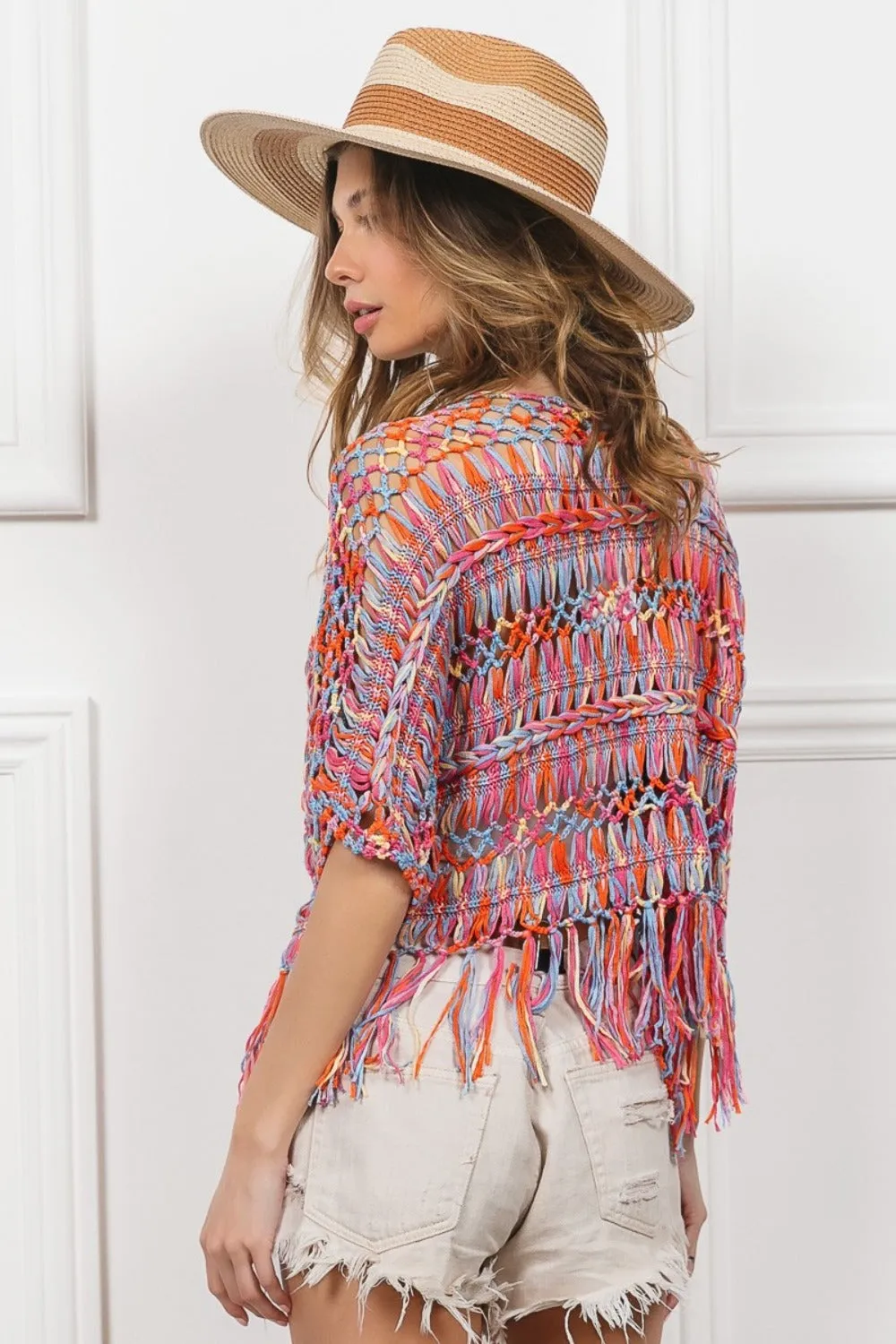 Blue Zone Planet |  BiBi Open Front Fringed Crop Knit Cardigan