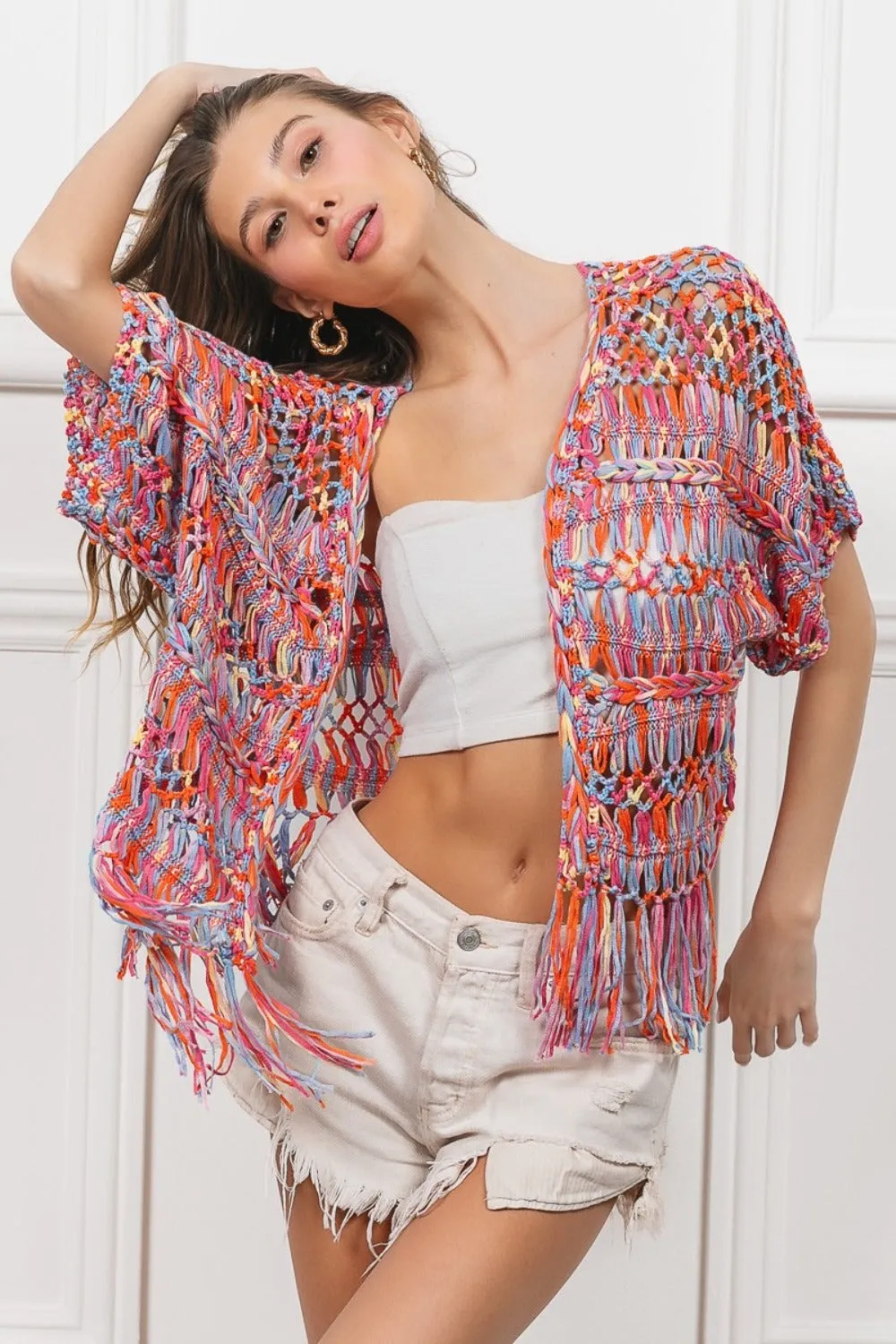 Blue Zone Planet |  BiBi Open Front Fringed Crop Knit Cardigan