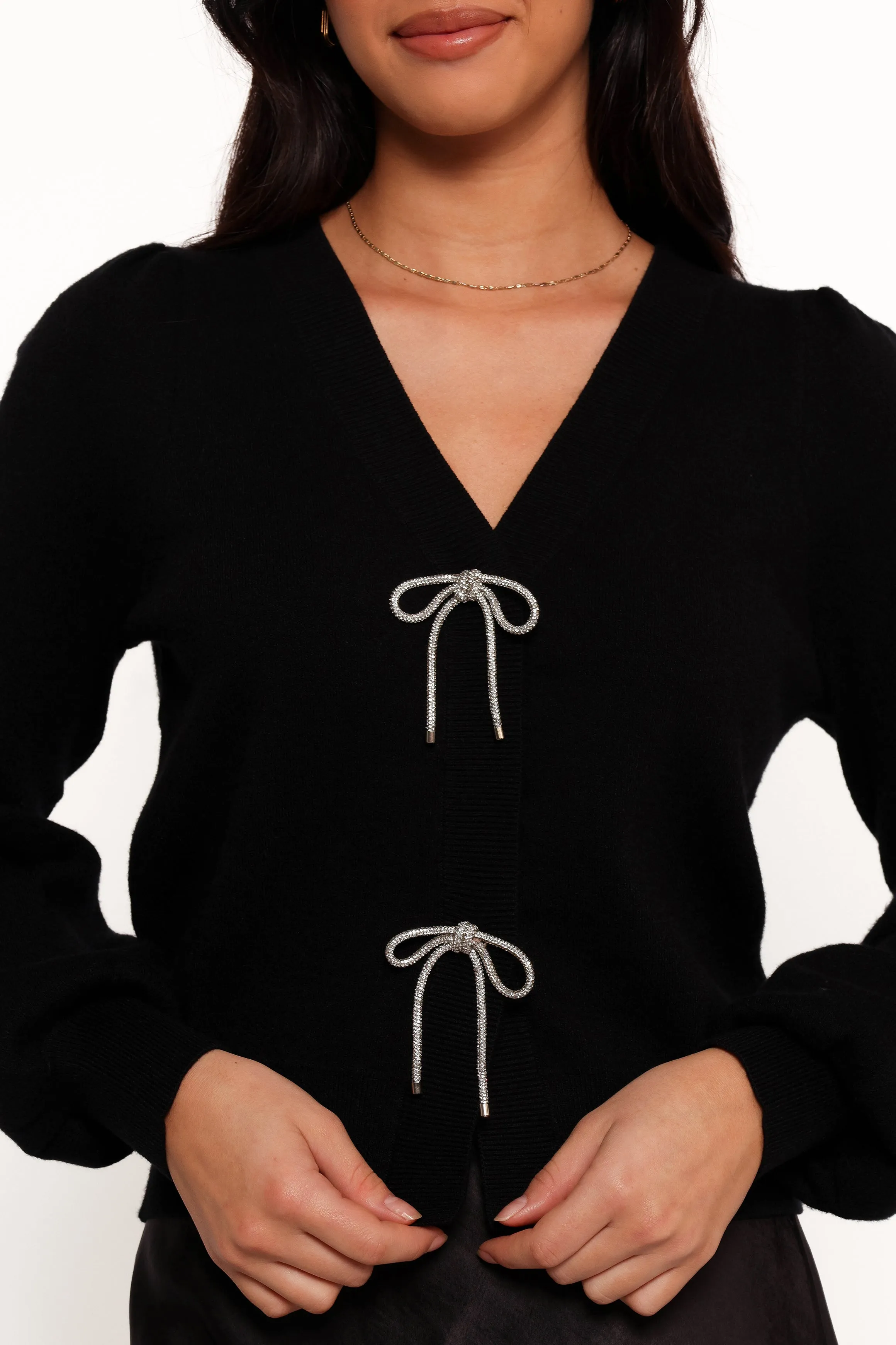 Brayley Long Puff Sleeve Ribbon Trim Cardigan - Black