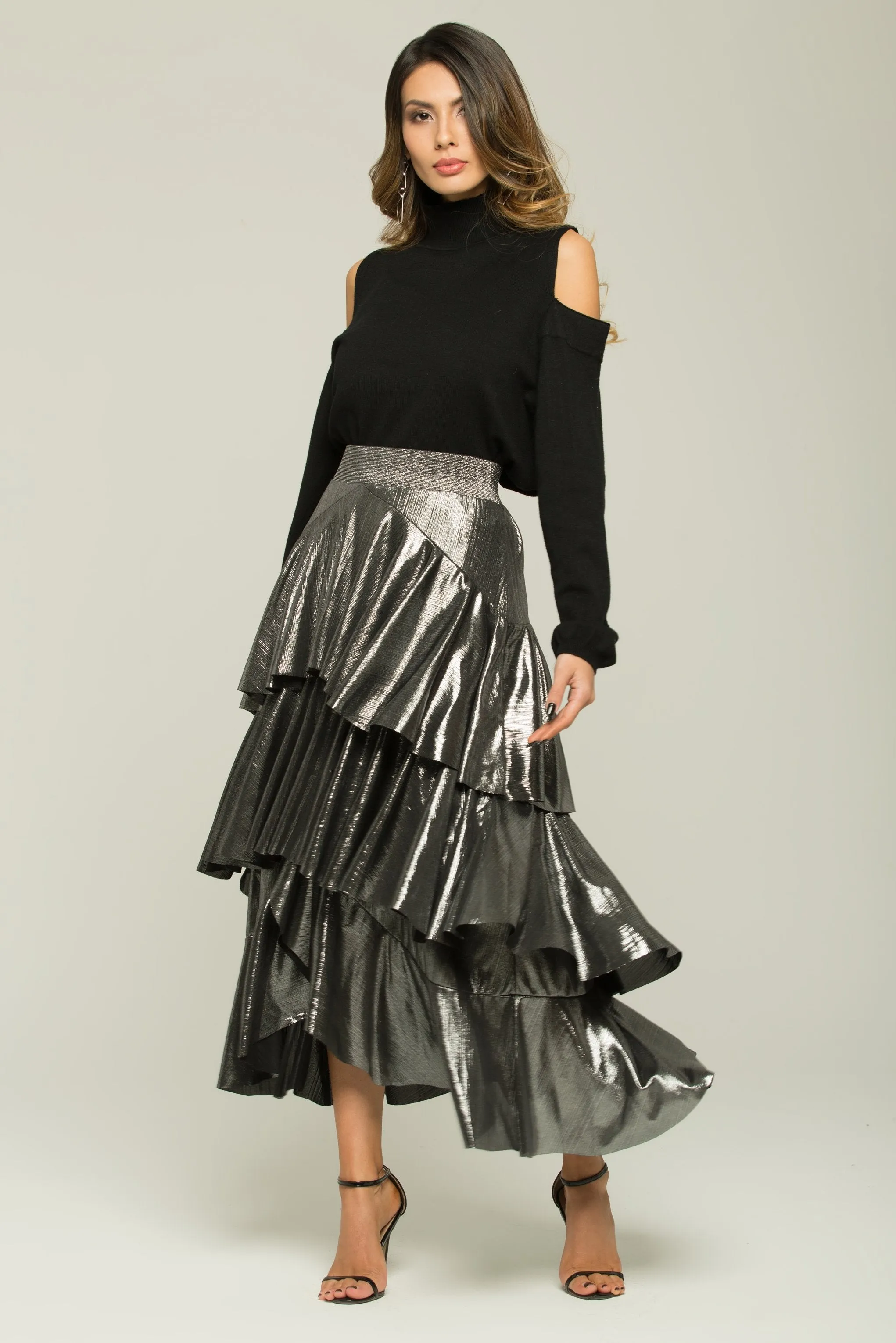 Bright Silver Ruffled Maxi Skirt