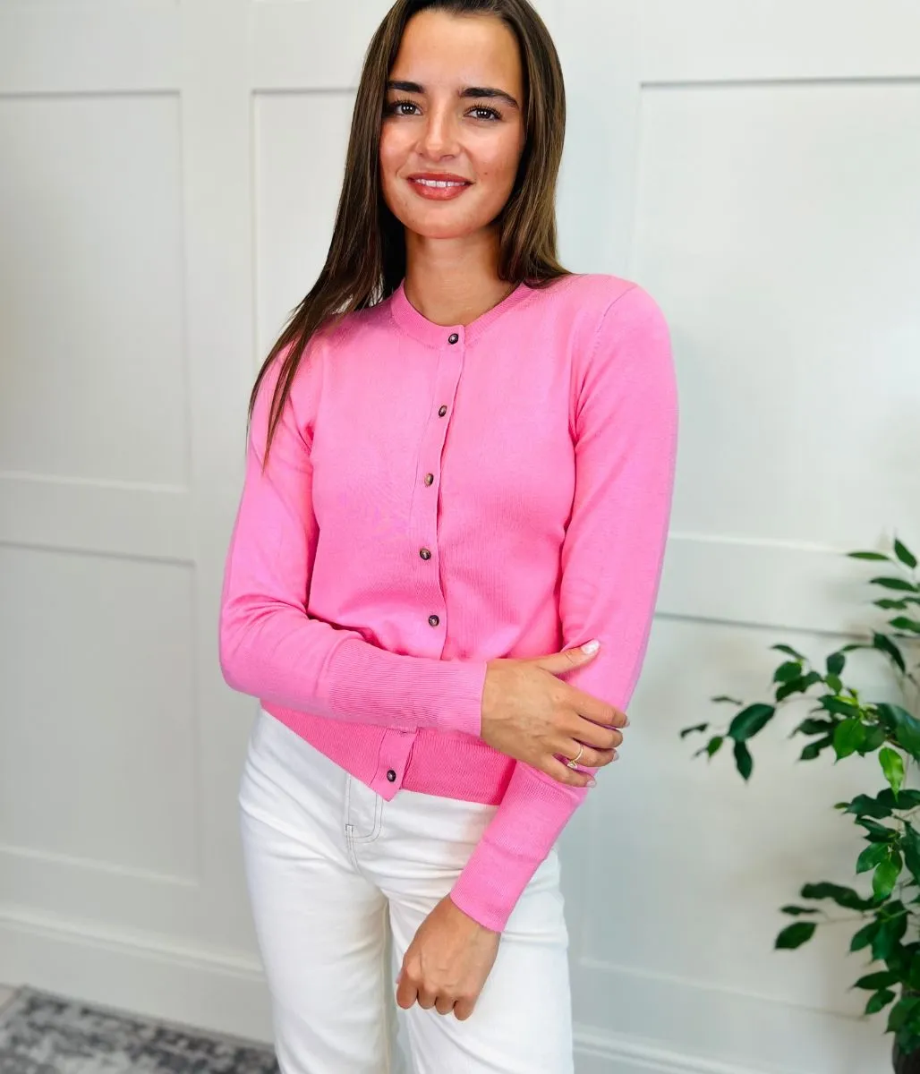 Bubblegum Pink Classic Round Neck Cardigan