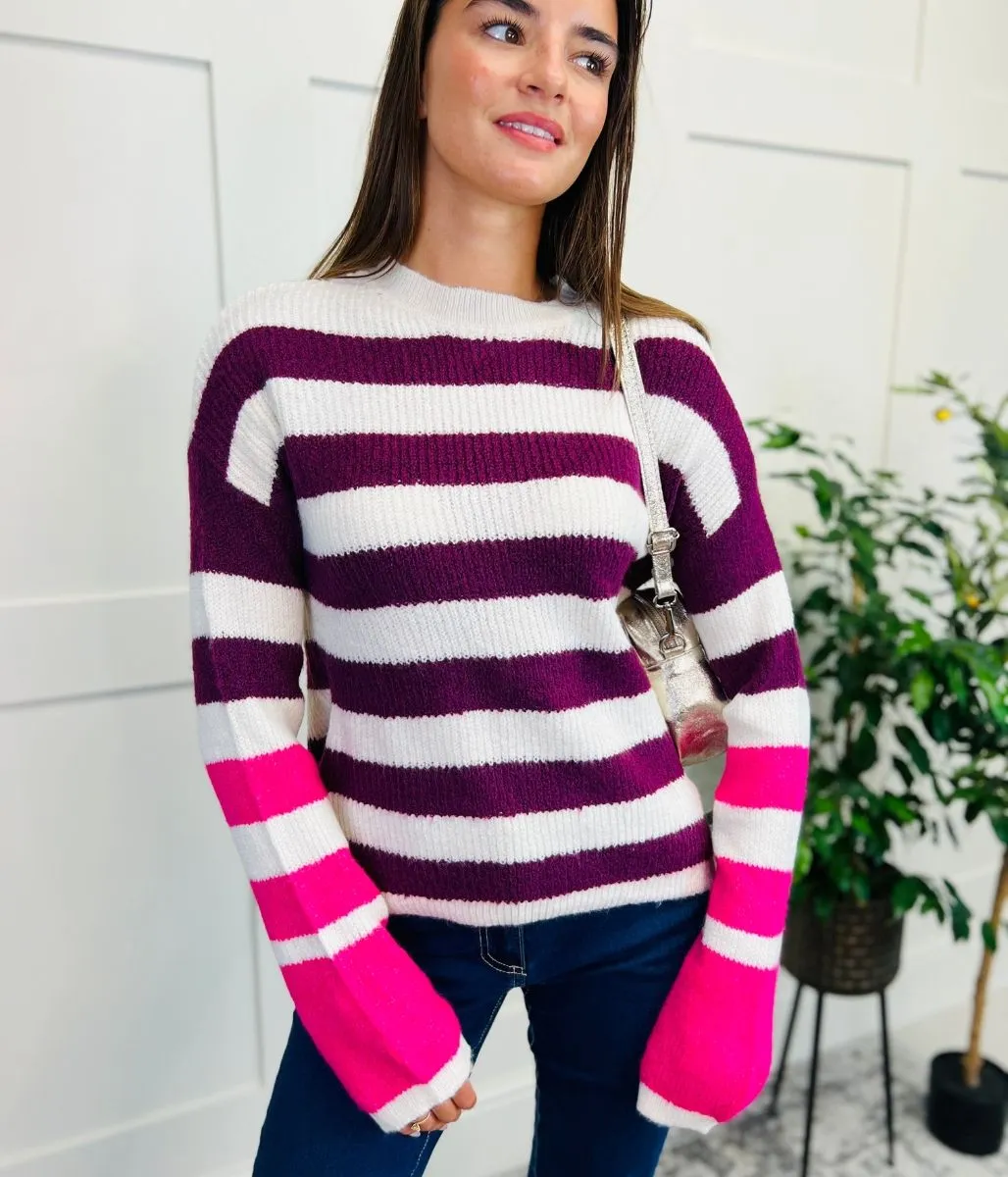 Burgundy Contrast Stripe Knitted Jumper