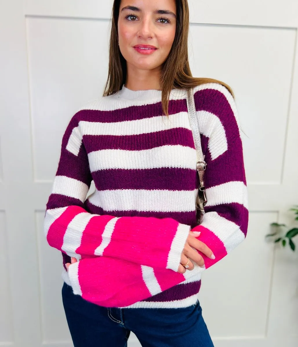 Burgundy Contrast Stripe Knitted Jumper