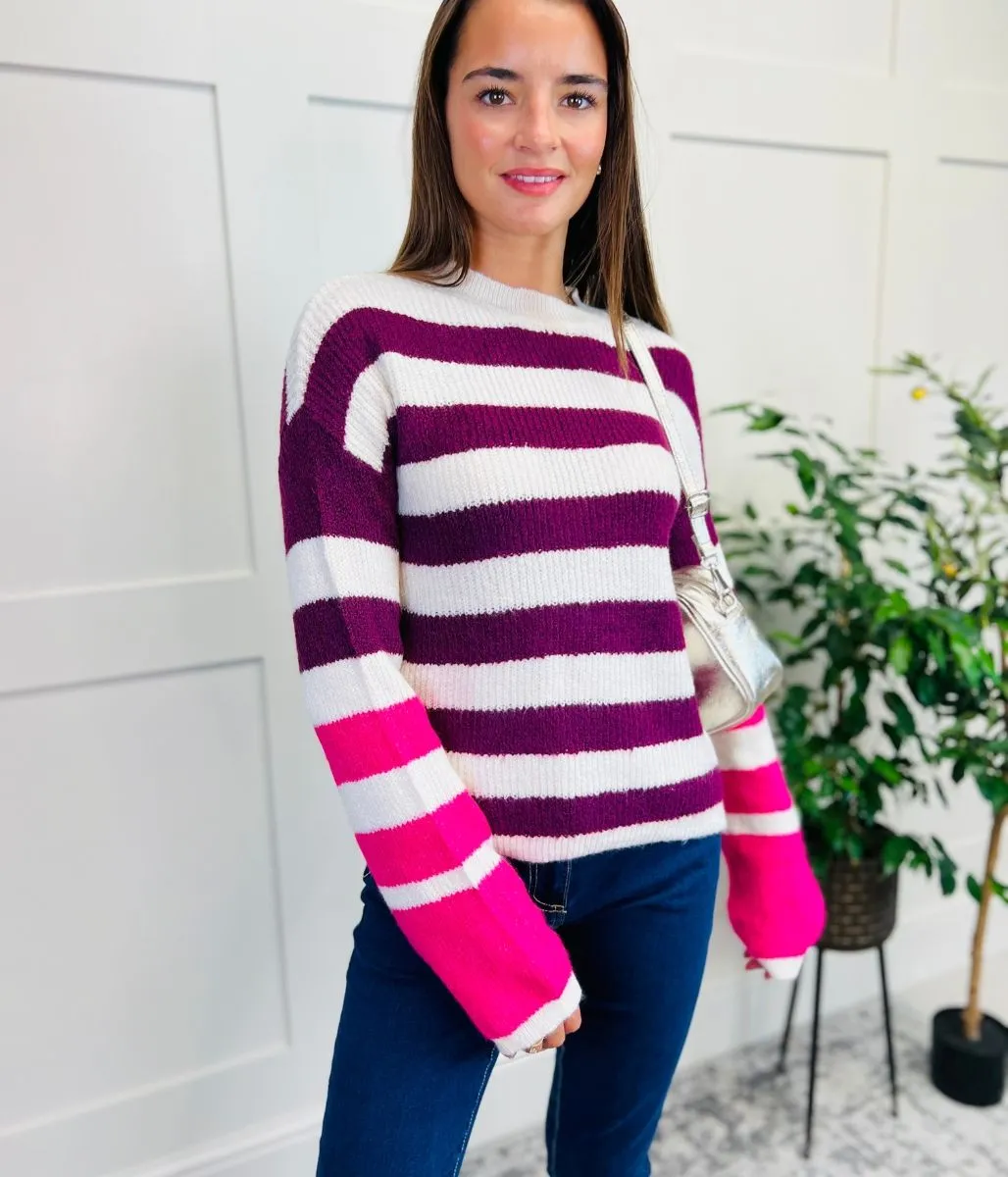 Burgundy Contrast Stripe Knitted Jumper