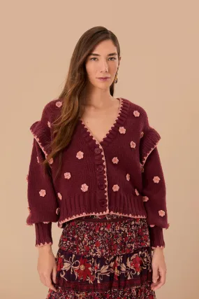 Burgundy Crochet Flowers Knit Cardigan