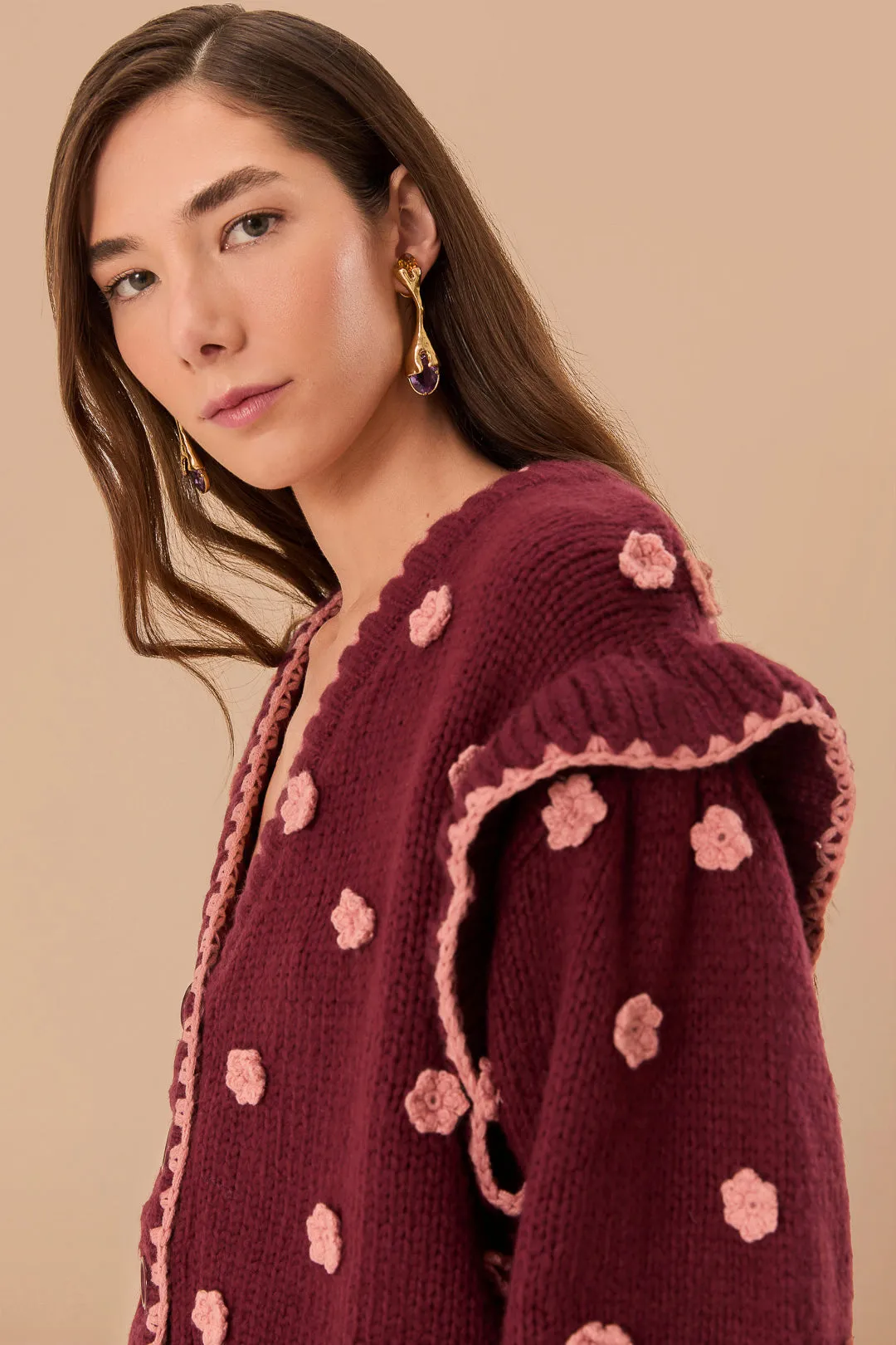 Burgundy Crochet Flowers Knit Cardigan