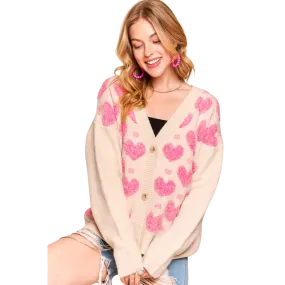 Button Down Heart Sweater Cardigan - Oatmeal/Fuchsia