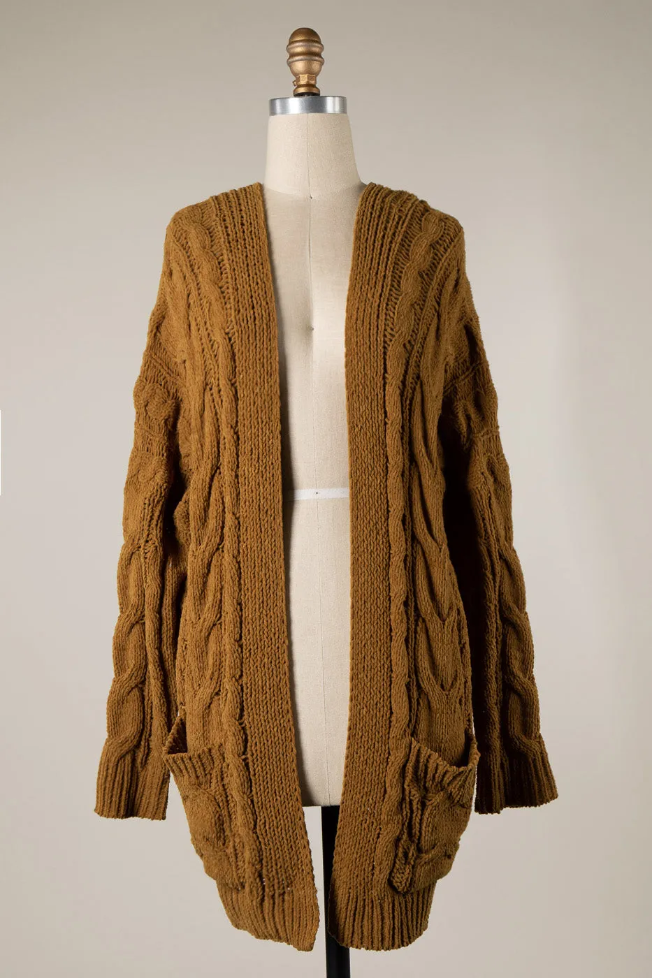 CABLE KNIT CHENILLE CARDIGAN WITH PATCHED POCKETS 1 PACK