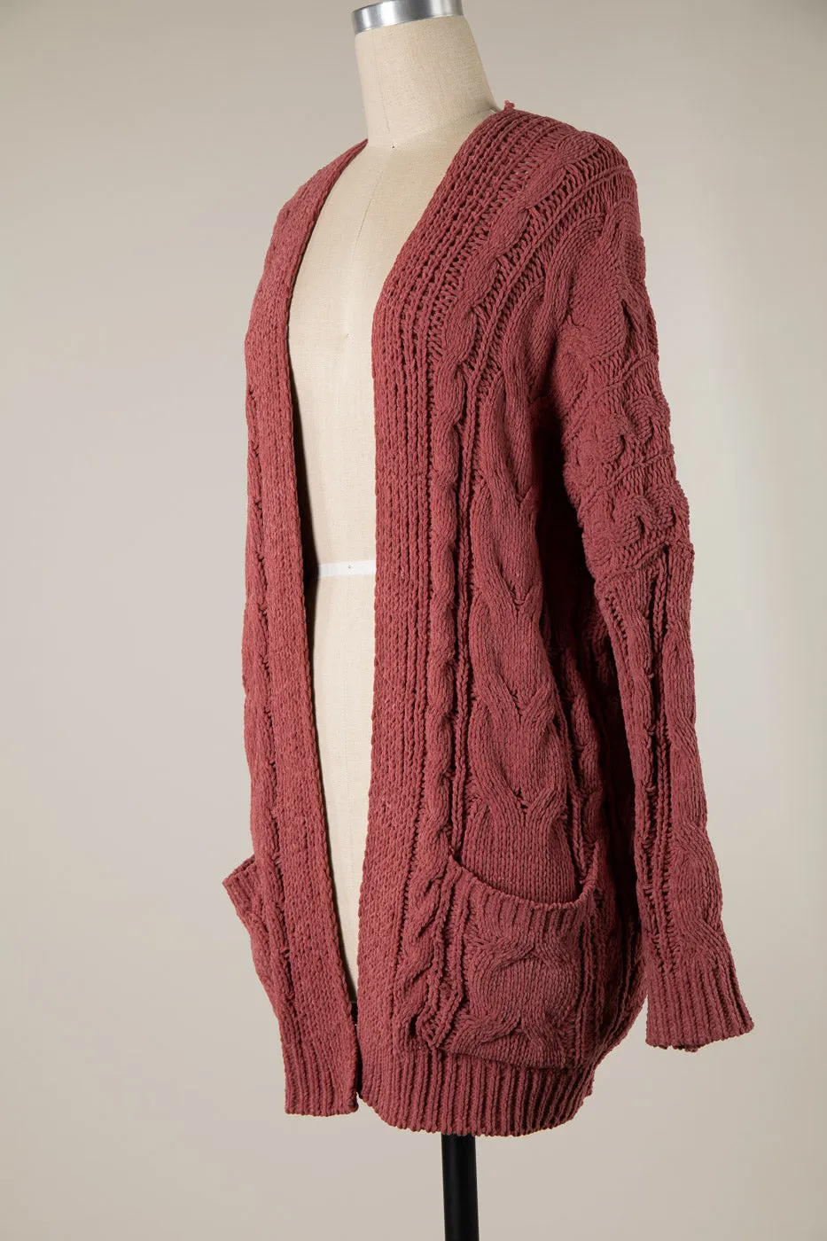 CABLE KNIT CHENILLE CARDIGAN WITH PATCHED POCKETS 1 PACK