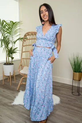 Cali Blue & Wild Rose Two-Piece Crop Top & Maxi Skirt